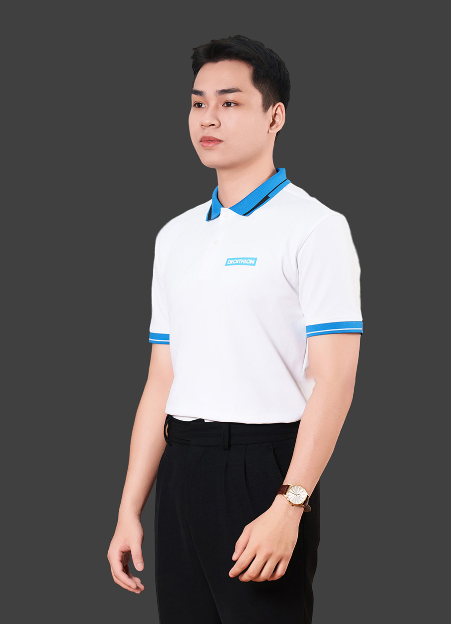 Áo đồng phục công ty có cổ màu trắng phối xanh dương