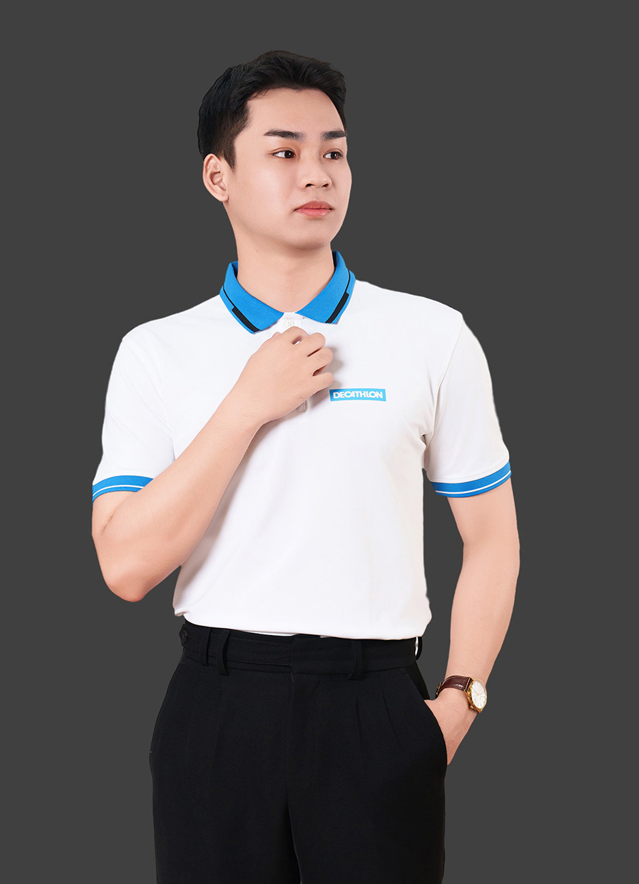 Áo đồng phục công ty có cổ màu trắng phối xanh dương