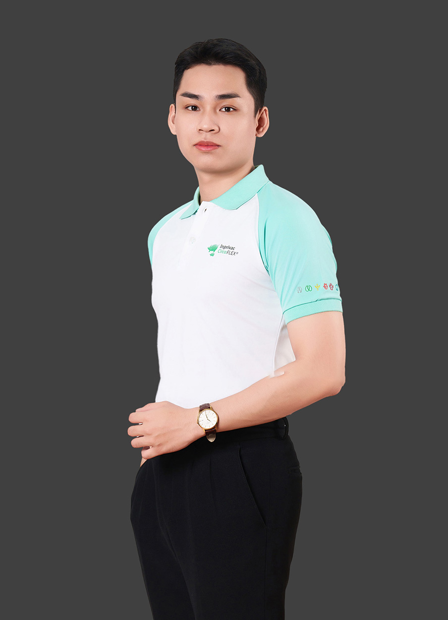 Áo đồng phục công ty có cổ màu trắng phối xanh thiên thanh