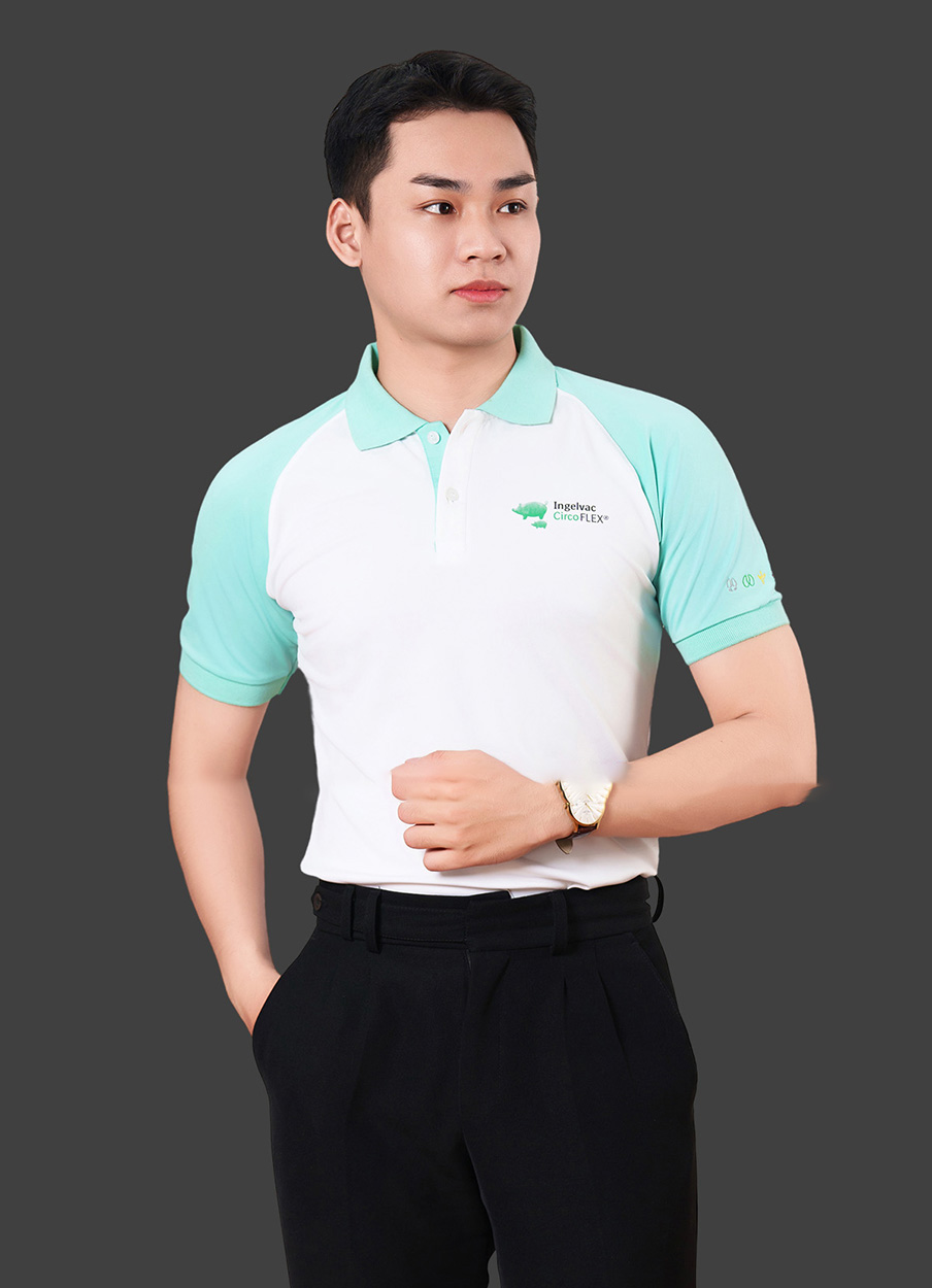 Áo đồng phục công ty có cổ màu trắng phối xanh thiên thanh