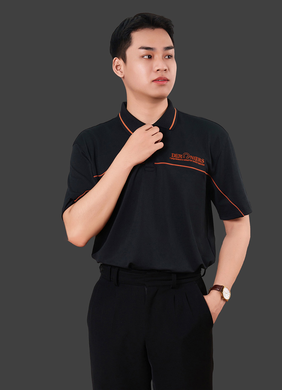 Áo đồng phục công ty màu đen phối viền cam