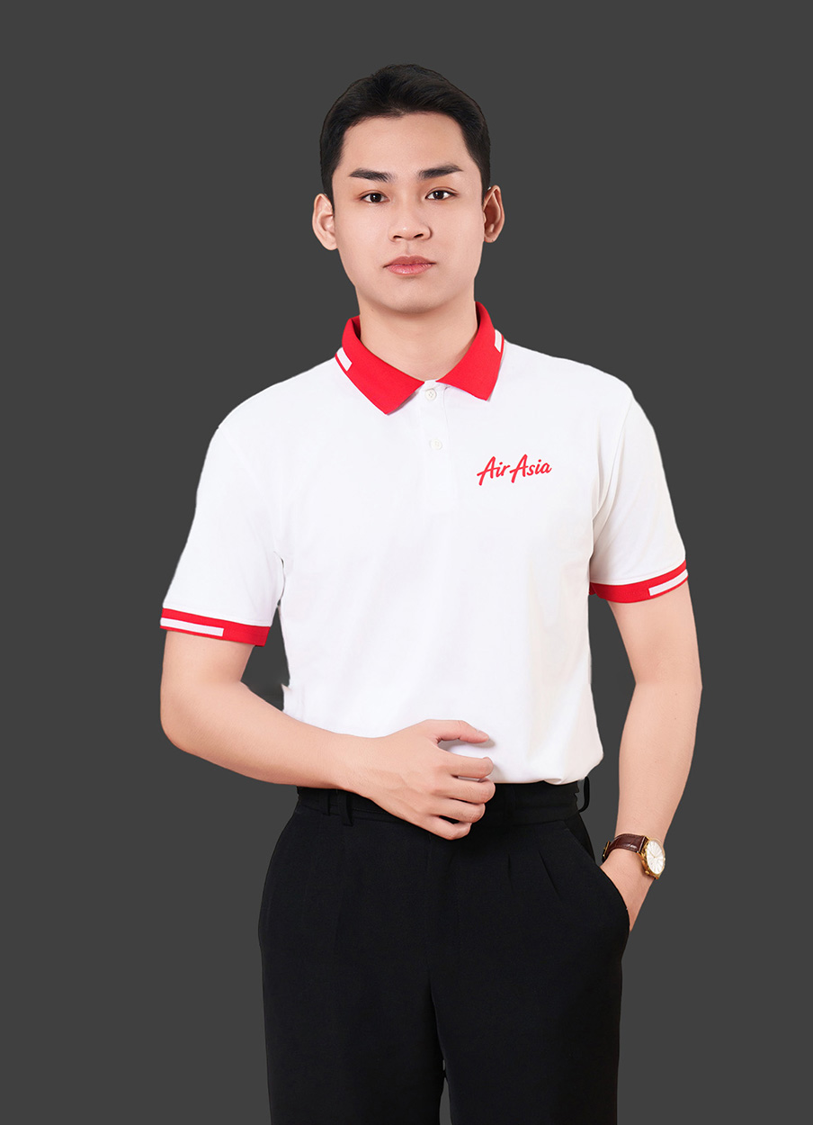 Áo phông đồng phục Air Asia màu trắng phối bo đỏ cao cấp