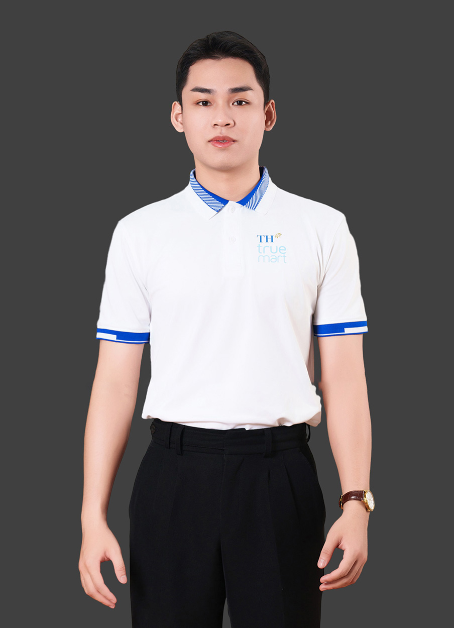 Áo phông đồng phục công ty có cổ màu trắng phối bo xanh dương