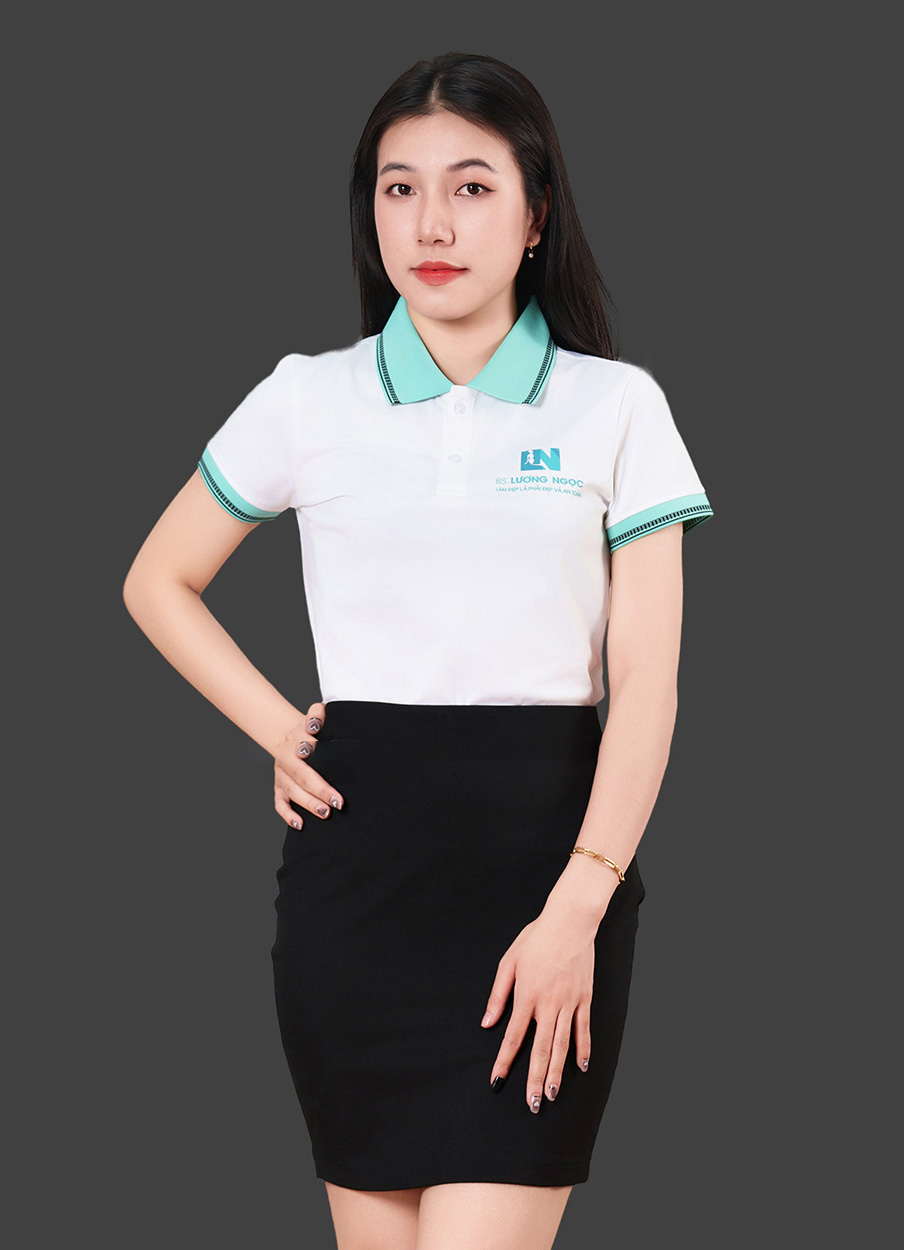 Áo polo đồng phục công ty màu trắng phối bo xanh ngọc