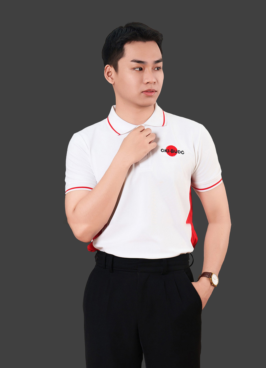 Áo polo đồng phục nhà hàng màu trắng phối hông đỏ