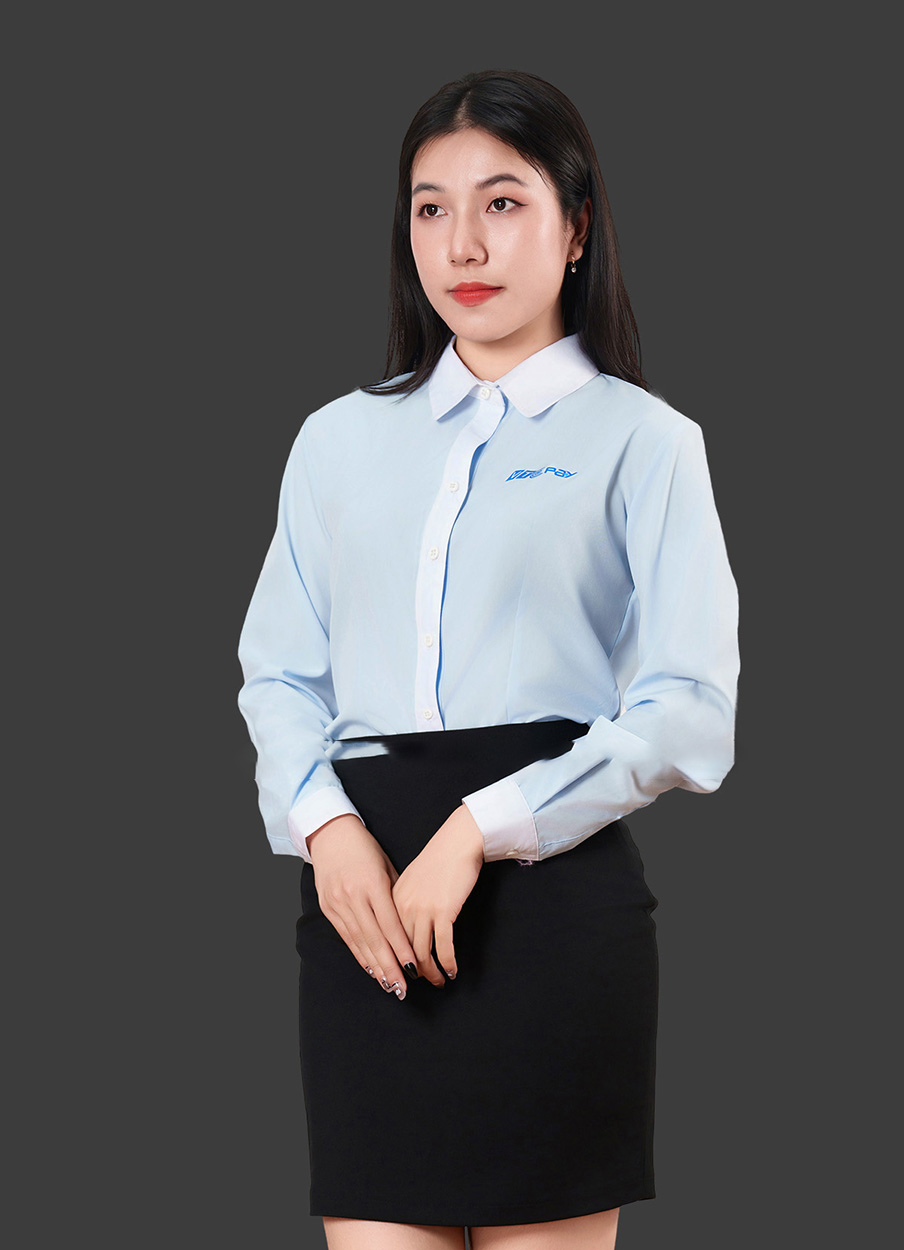 Áo sơ mi công sở đồng phục màu xanh phối viền trắng VTCPAY