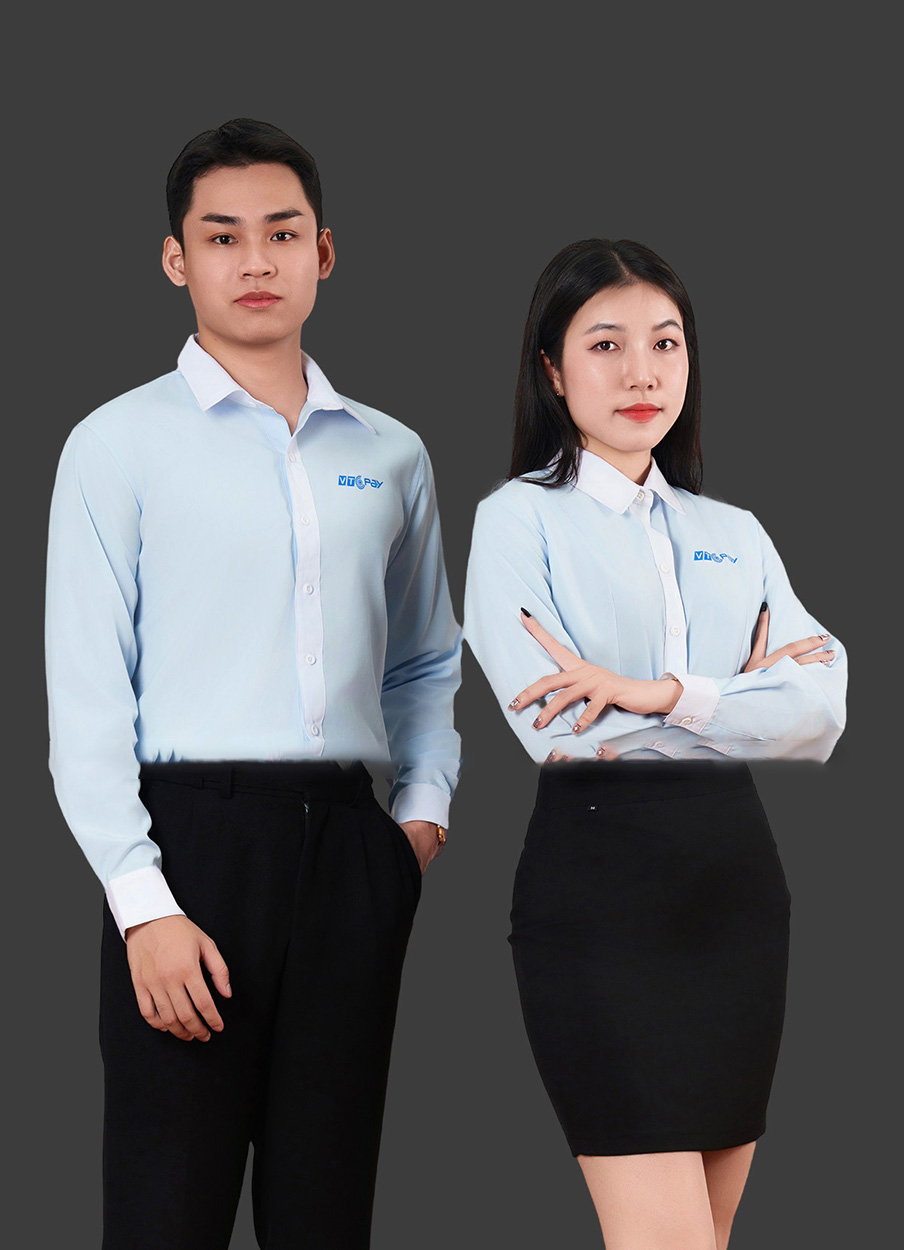 Áo sơ mi công sở đồng phục màu xanh phối viền trắng VTCPAY