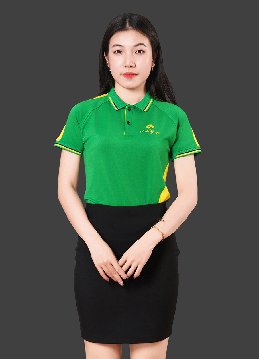 Áo thun công sở đồng phục tay ngắn màu xanh két phối vàng