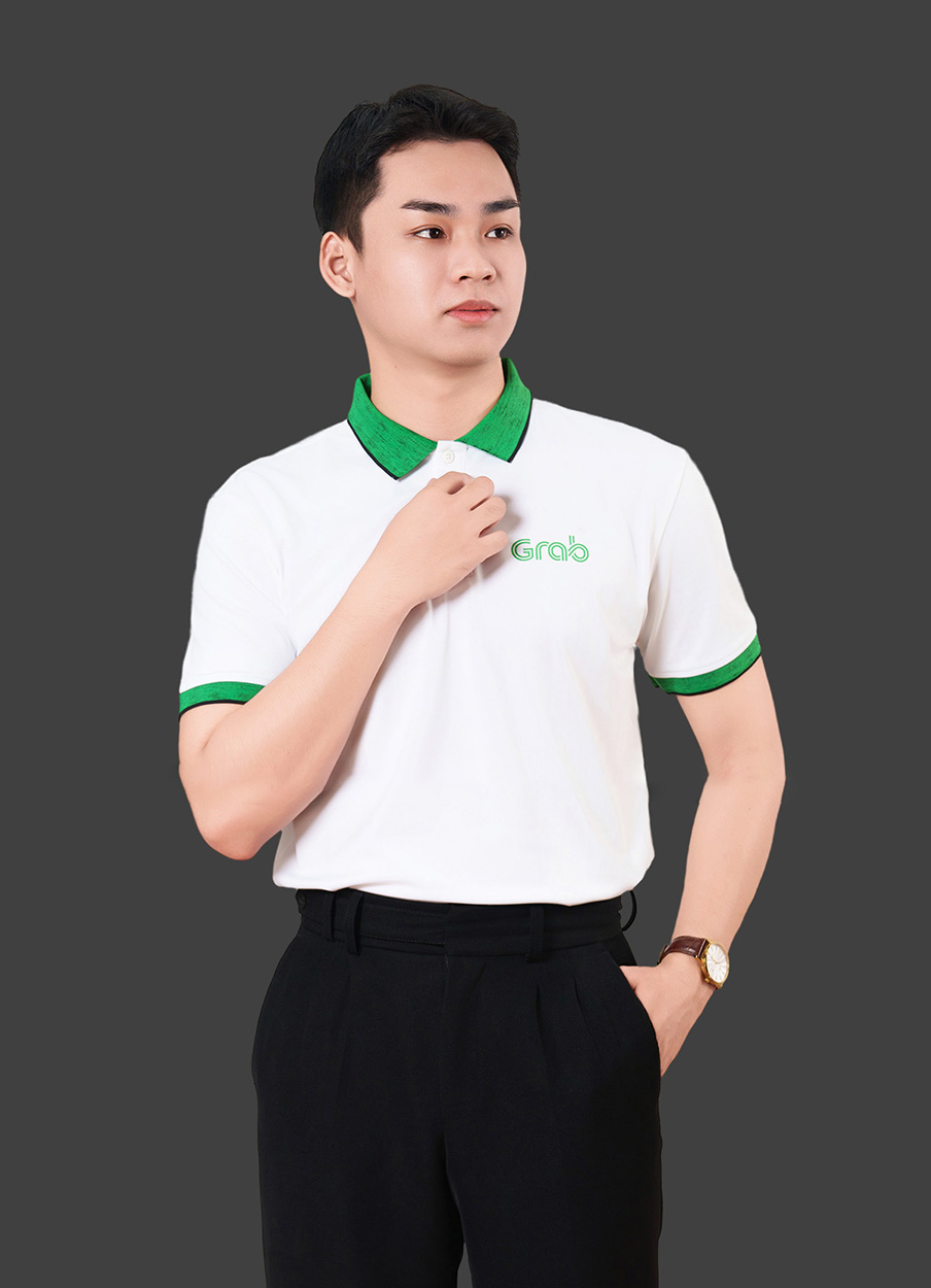 Áo thun đồng phục công ty màu trắng tinh phối bo cổ xanh lá CTU20027