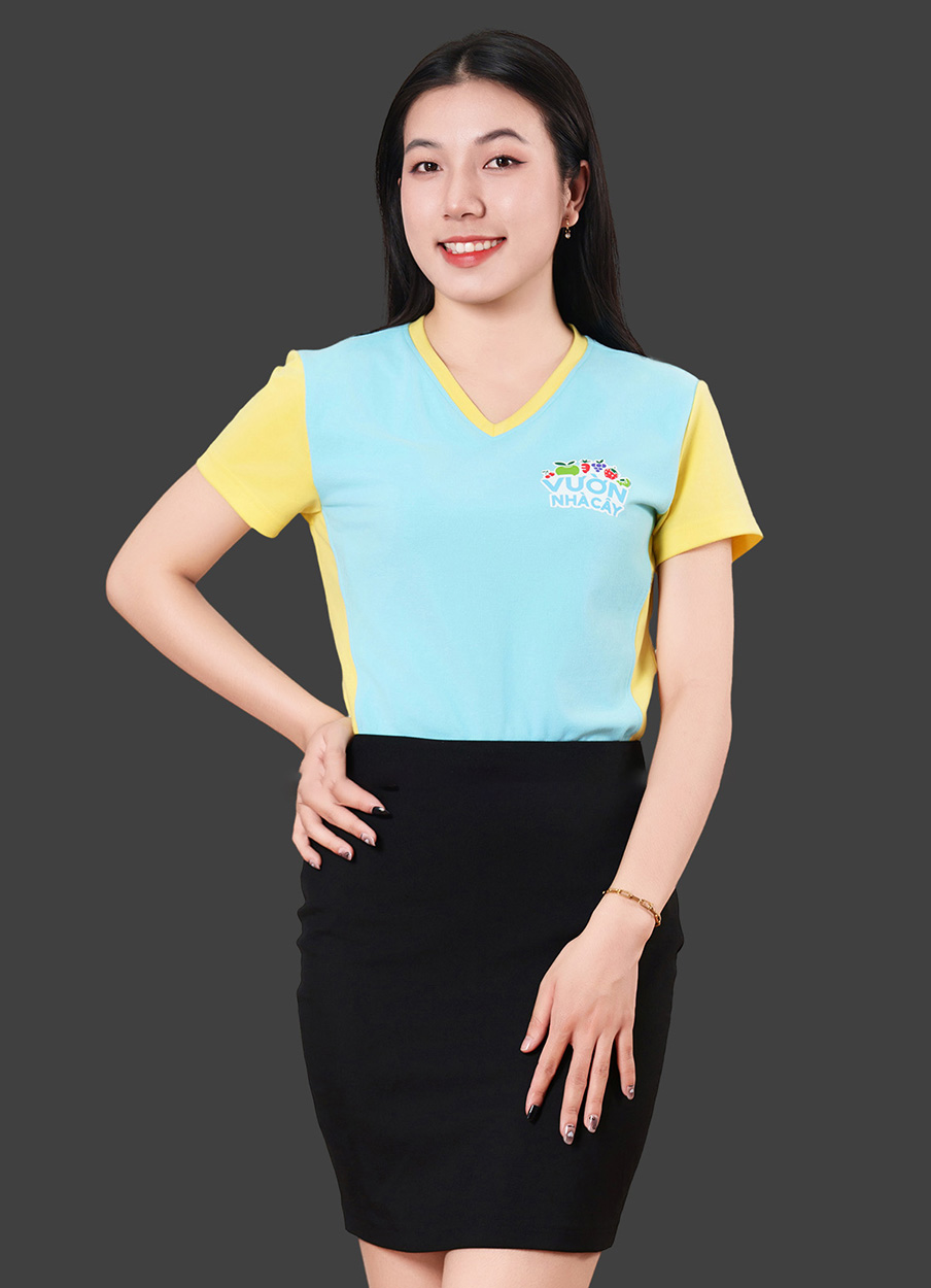 Áo thun đồng phục màu xanh dương phối vàng nhạt