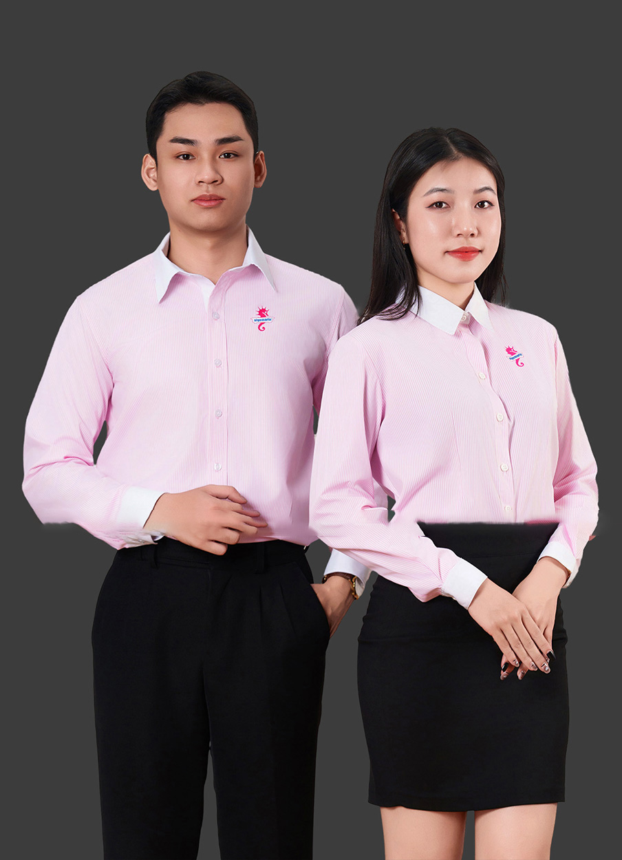 Đồng phục áo sơ mi công ty ALGEMARIN màu hồng phối trắng