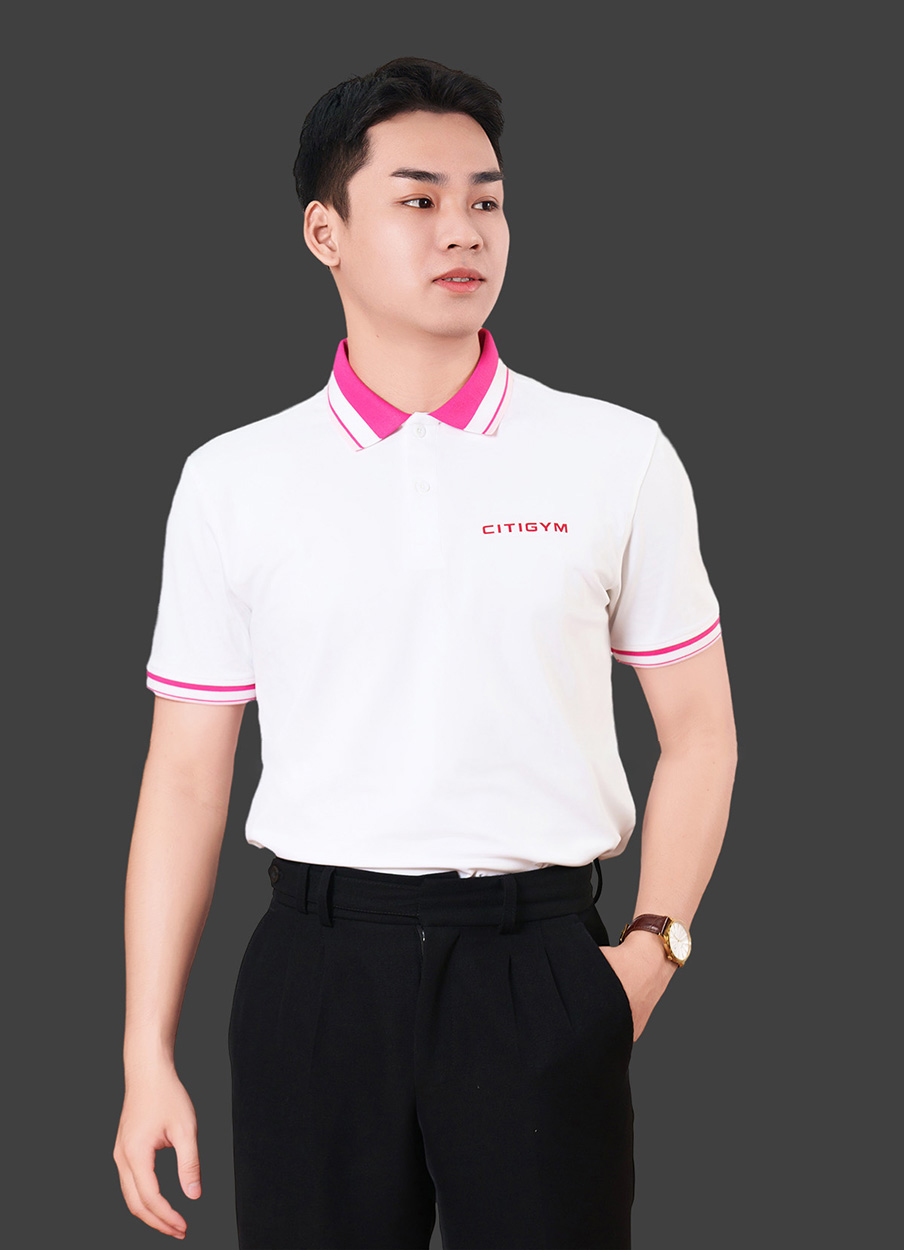 Đồng phục áo thun màu trắng phối bo cổ hồng