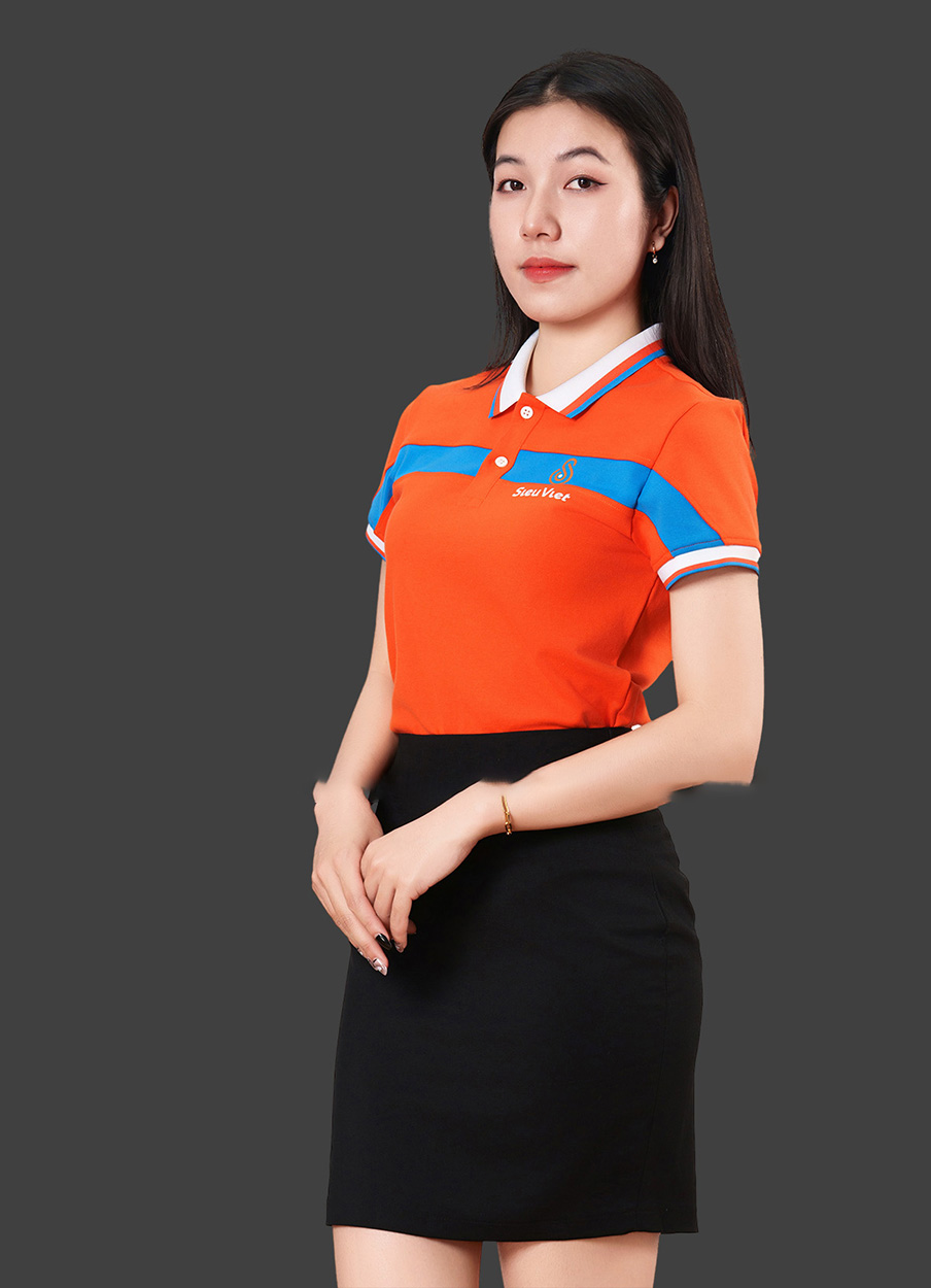 Đồng phục công ty màu cam phối xanh dương
