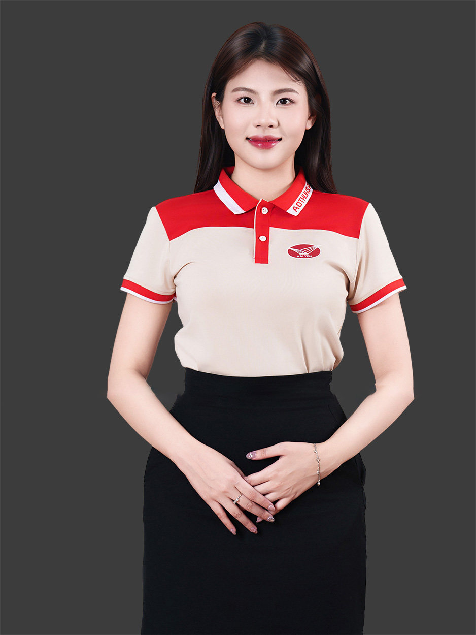 Đồng phục doanh nghiệp màu be phối vai đỏ
