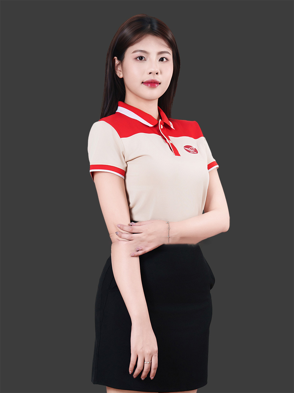 Đồng phục doanh nghiệp màu be phối vai đỏ