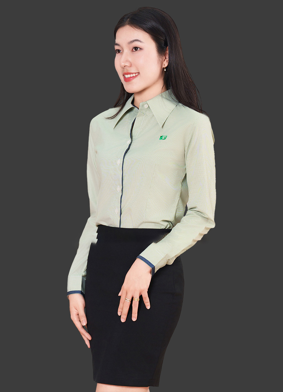 Đồng Phục Văn Phòng Sơ Mi Phối Chân Váy Màu Xanh Vỏ Đậu SMU10026