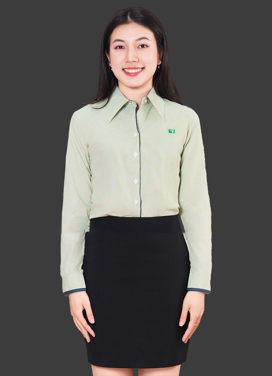 Đồng Phục Văn Phòng Sơ Mi Phối Chân Váy Màu Xanh Vỏ Đậu SMU10026