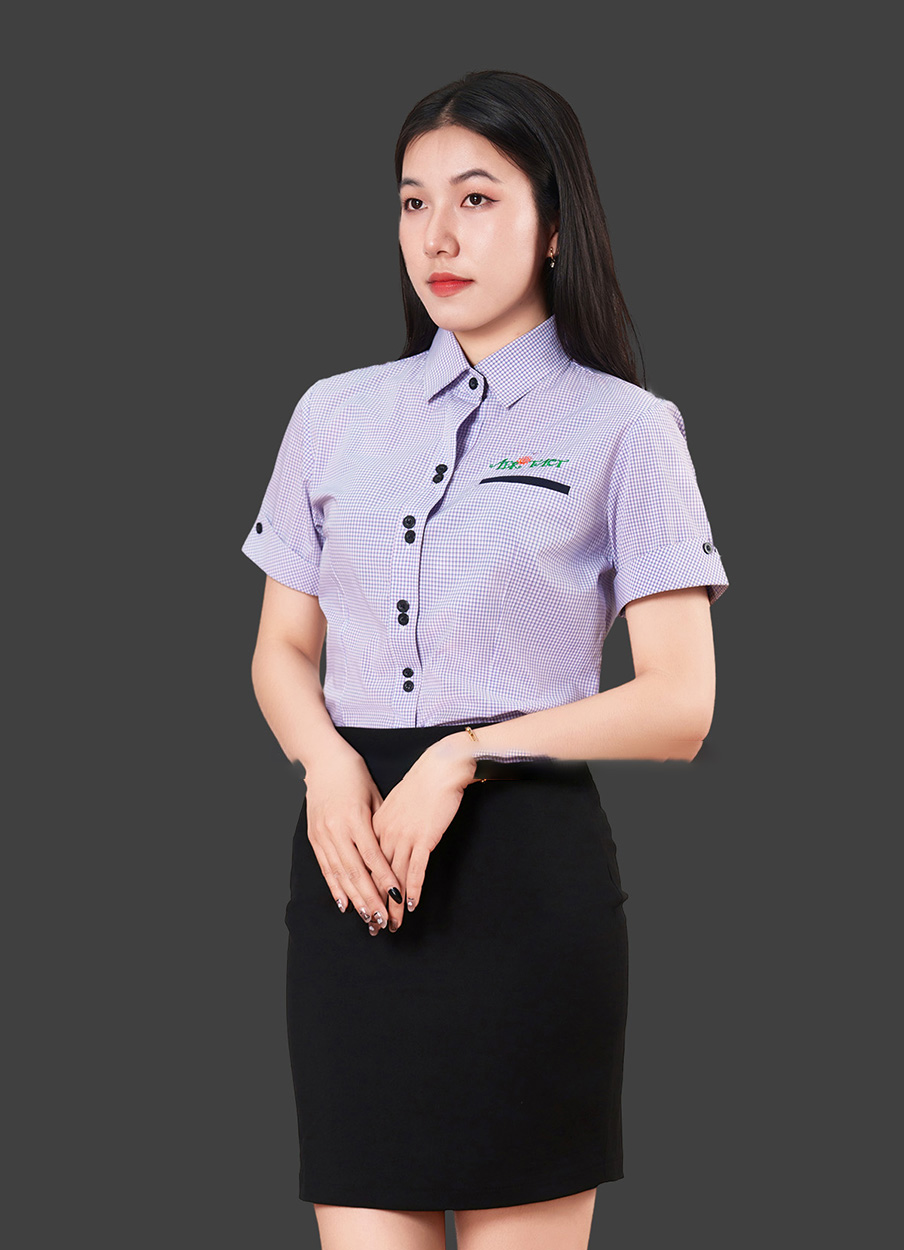 Áo sơ mi đồng phục công ty màu tím sọc caro