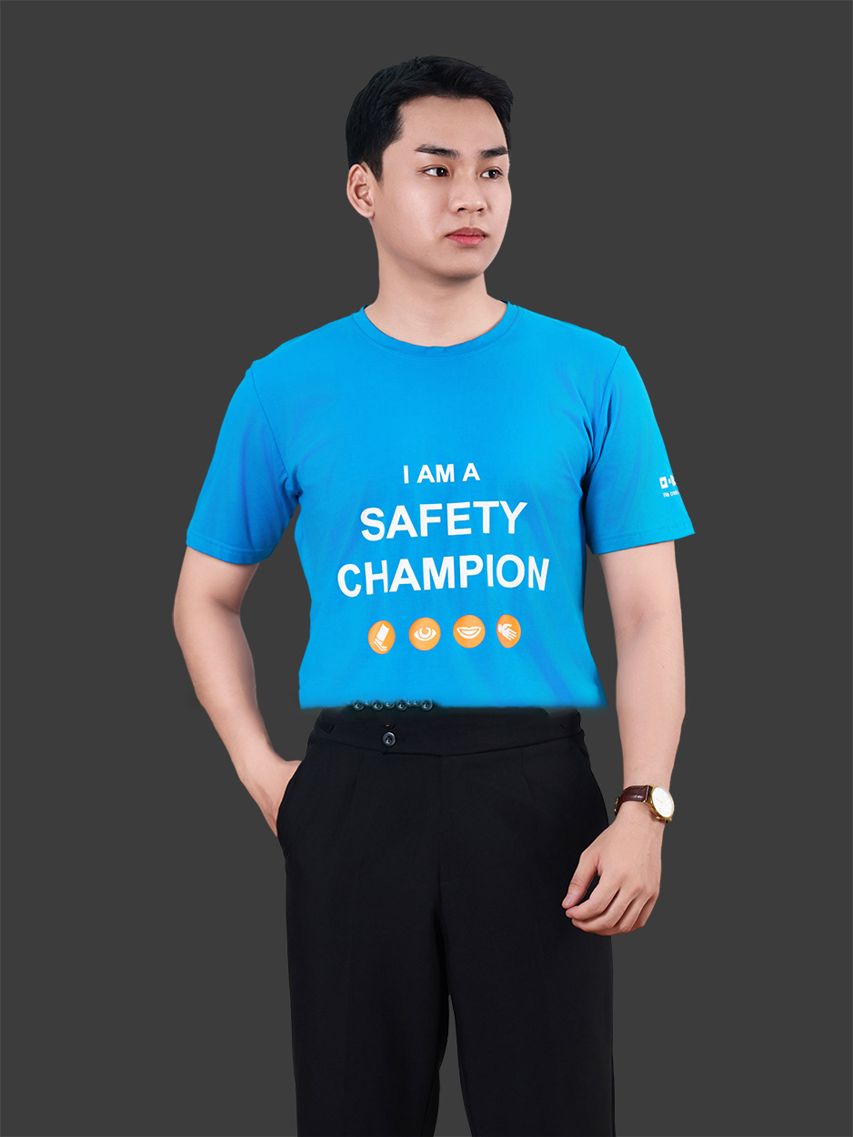 Mẫu áo đồng phục công ty có cổ Safety Champion màu xanh dương