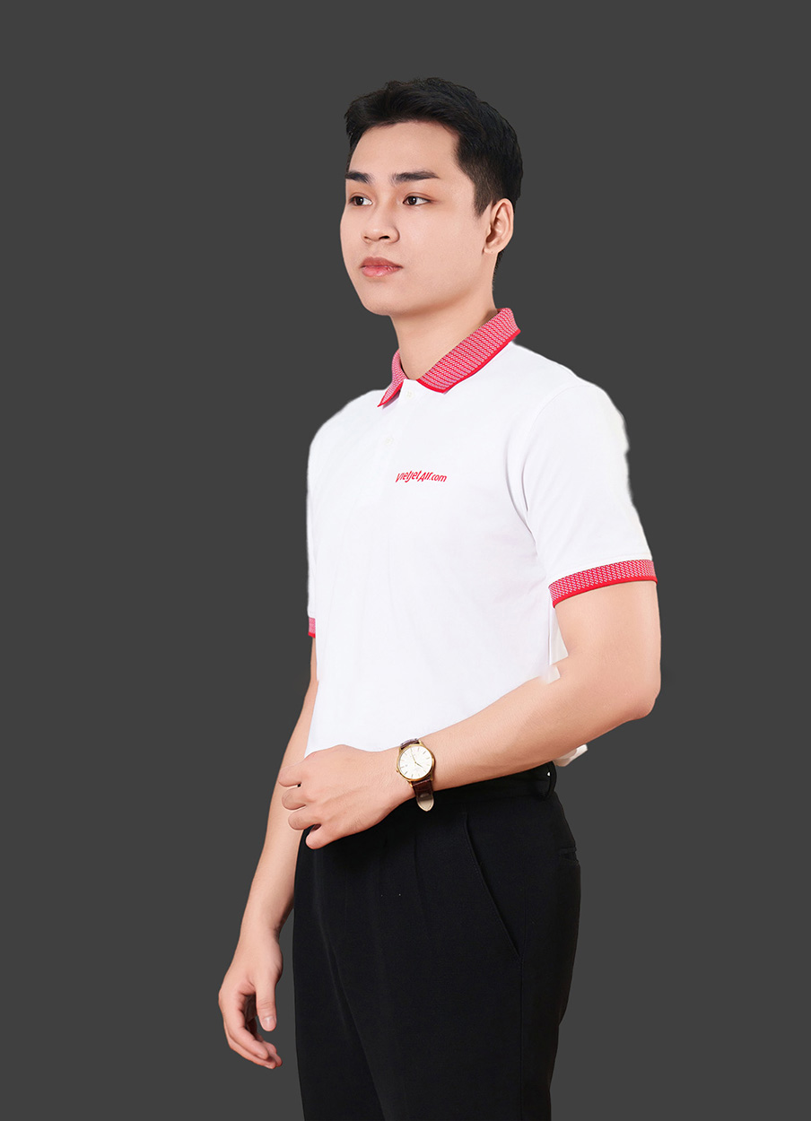 Mẫu Áo Polo Đồng Phục Công Ty Vietjet Air màu trắng phối hồng
