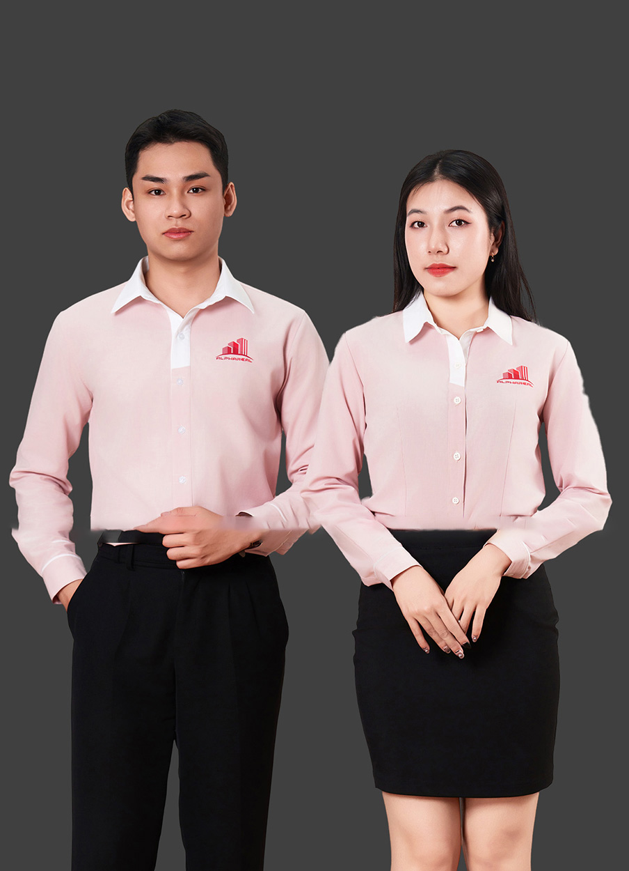 Mẫu đồng phục công sở áo sơ mi tay dài màu hồng phối trắng