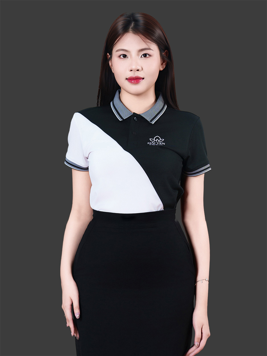May áo đồng phục công ty màu đen phối trắng