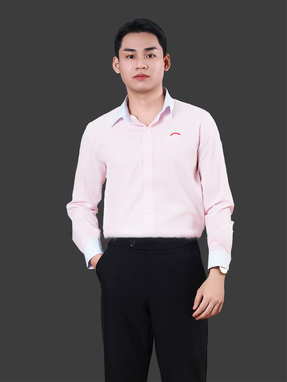May đồng phục áo sơ mi công sở màu hồng nhạt phối trắng