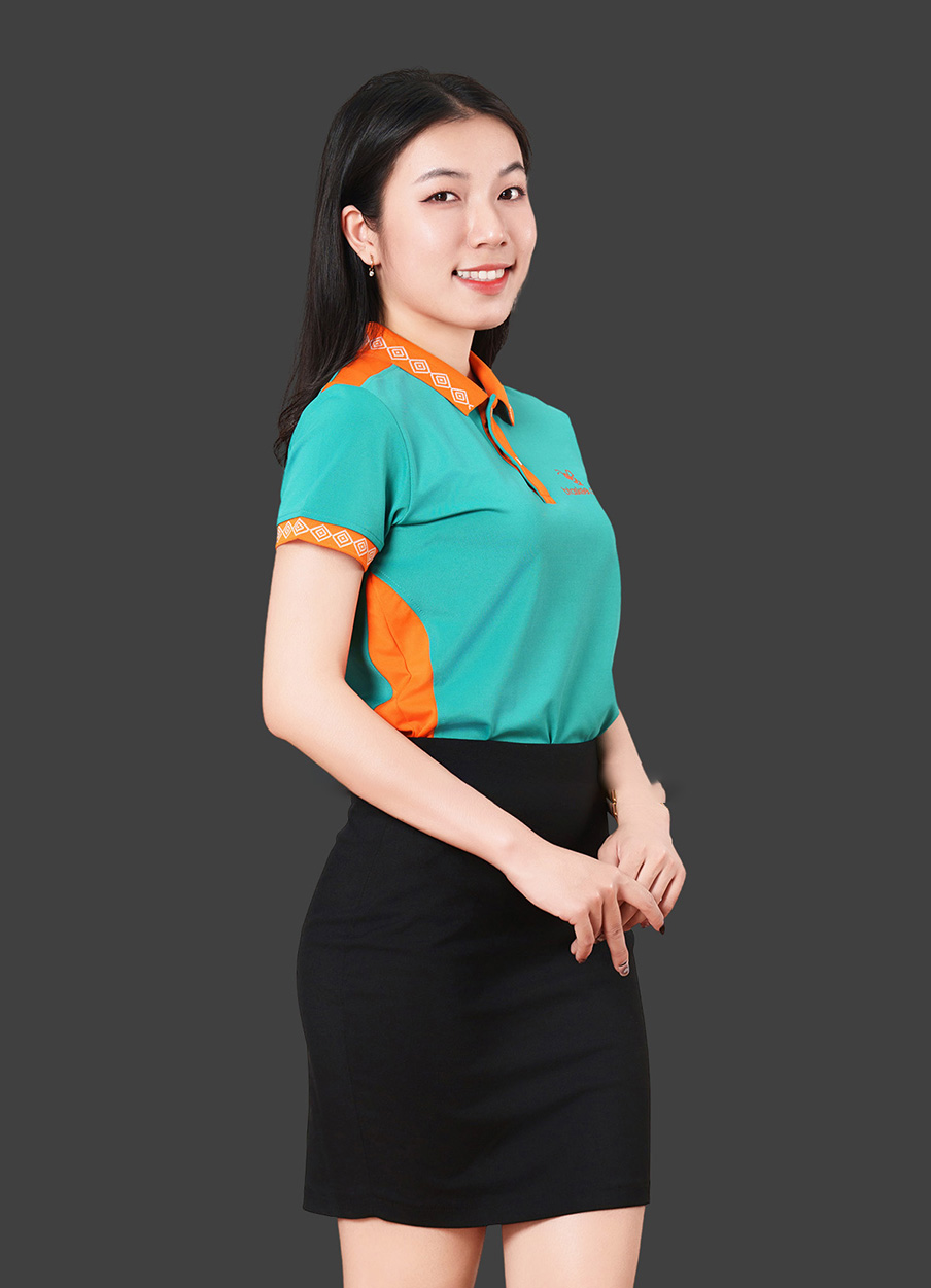 May in áo thun đồng phục công ty màu xanh phối cam thanh lịch