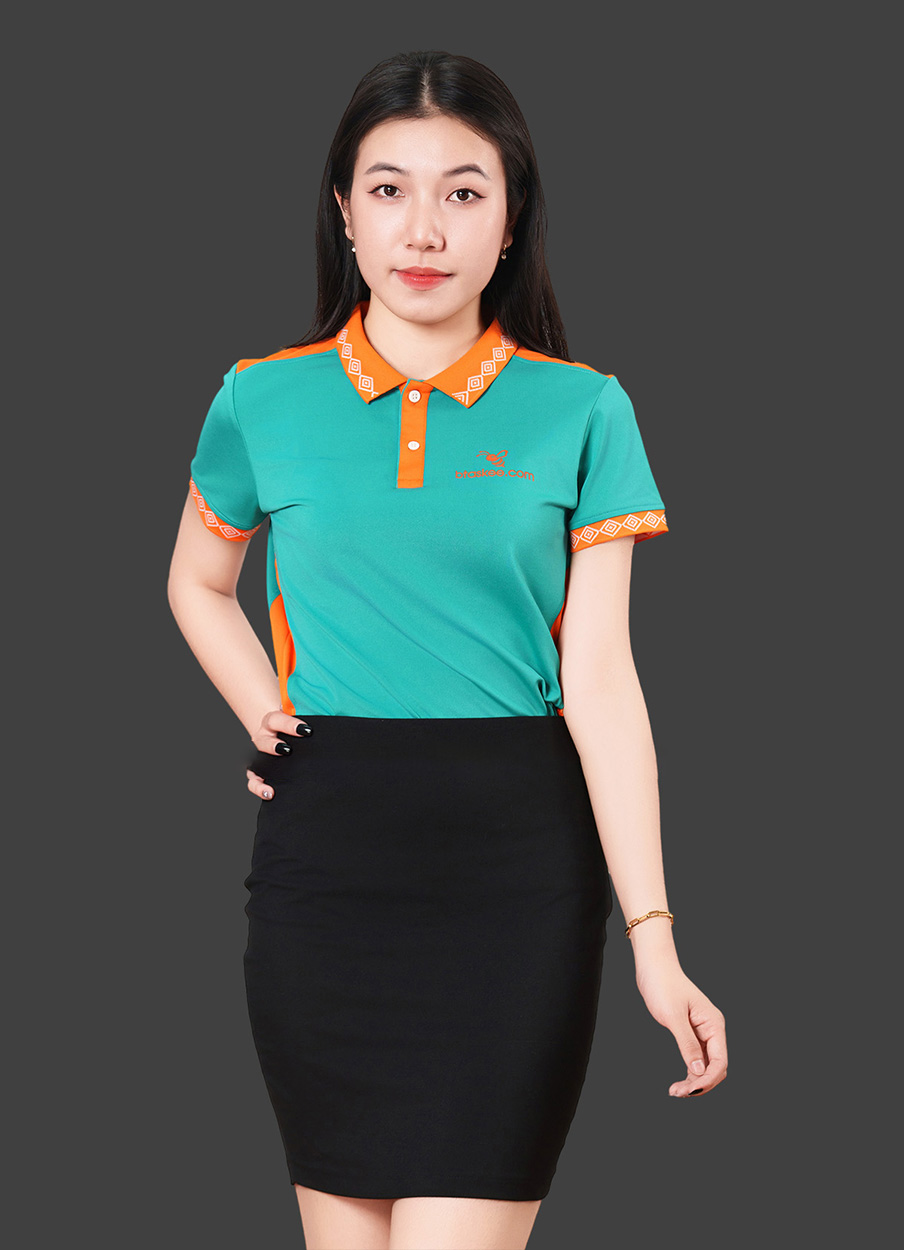 May in áo thun đồng phục công ty màu xanh phối cam thanh lịch
